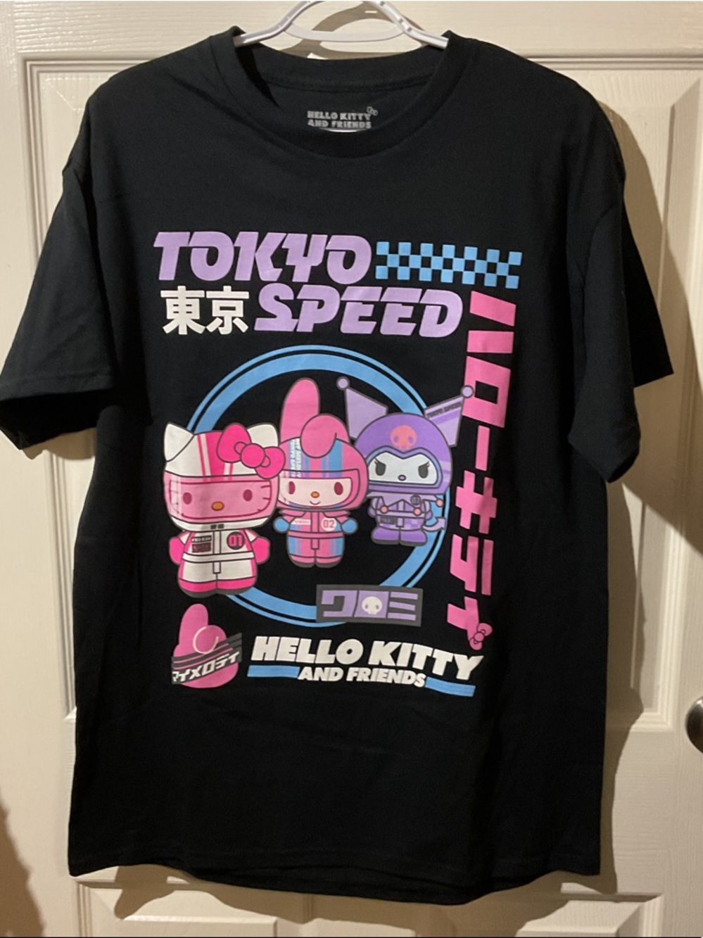 NWOT Sanrio Hello Kitty Tokyo Speed Graphic Tee - Black with Pink & Purple